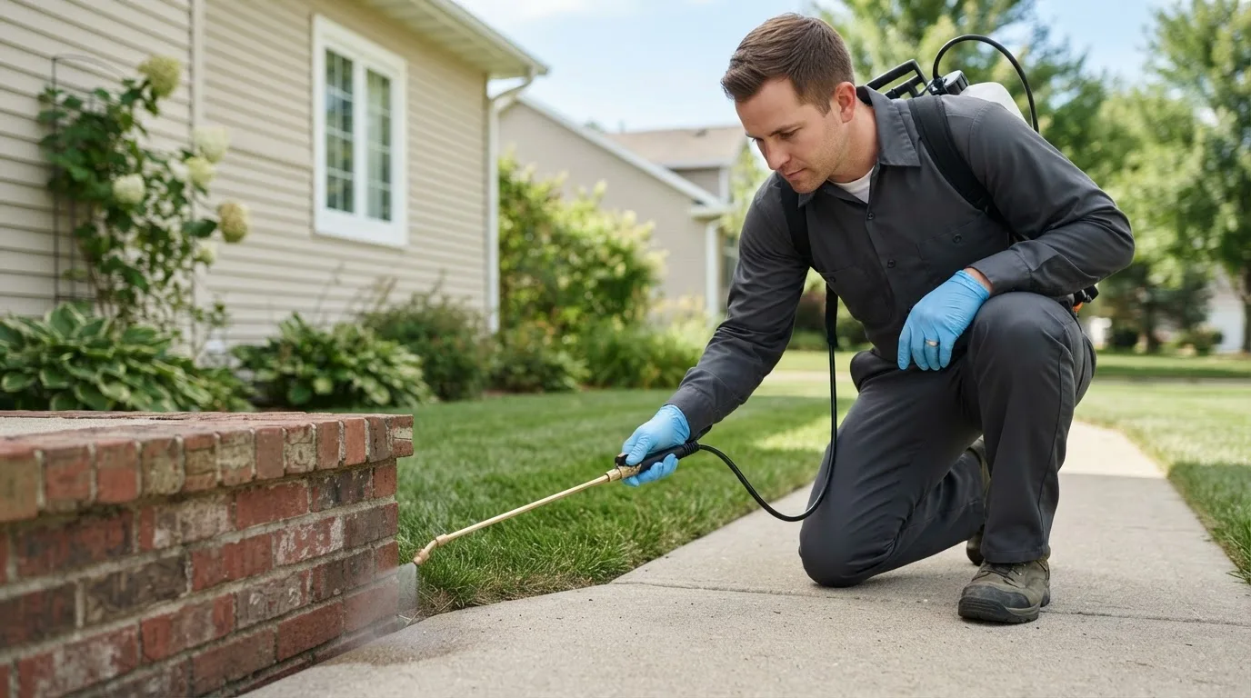 Pest control technician treating a home near Cumberland, OH