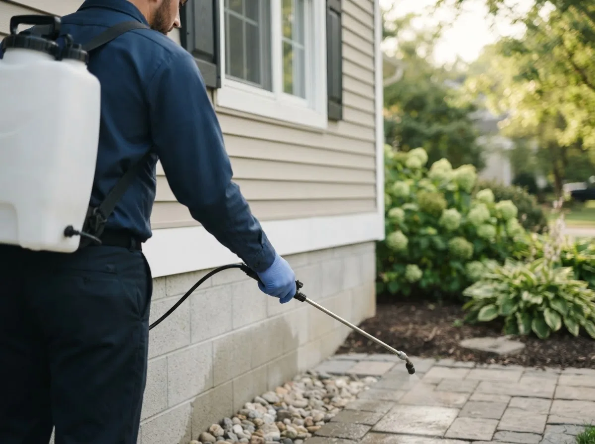 Pest control technician inspecting a home in Cumberland, OH